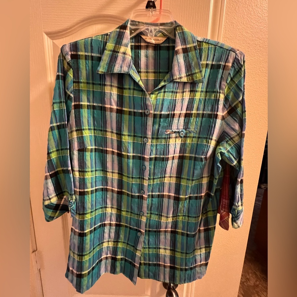 2- 18 women one Red plaid and one Blue plaid button down tops - Picture 2 of 8